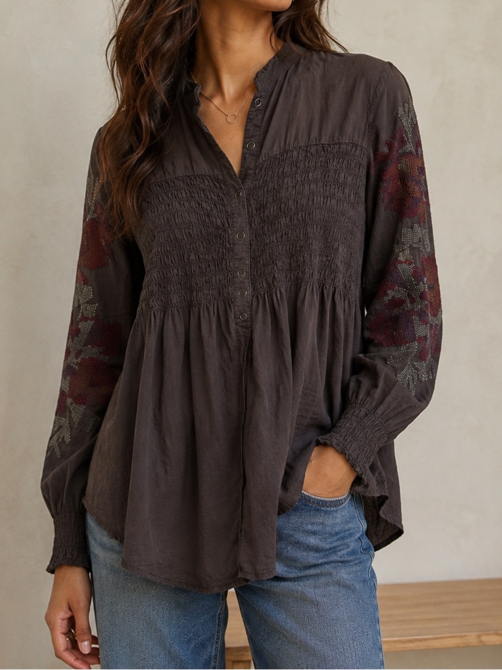 XCVI Embroidered Smocked Tunic Blouse Size Medium Brown Boho Artsy Lagenlook